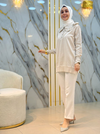 NY MEHLİKA DANTEL VE TAŞLI DÜĞME SOĞUK İP TUNİK 0688