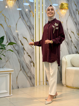 NY MEHLİKA YAKA TAŞ İŞLEME LALELİ GÖMLEK 2891