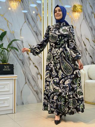 İKOLL BELİ KEMERLİ YAKA GÜL BRONŞLU DETAYLAR GÜZELİ ELBİSE 15494