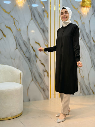 NY MEHLİKA YAKA FERMUAR VE ÇİZGİ DETAY SOĞUK İP TUNİK 35338