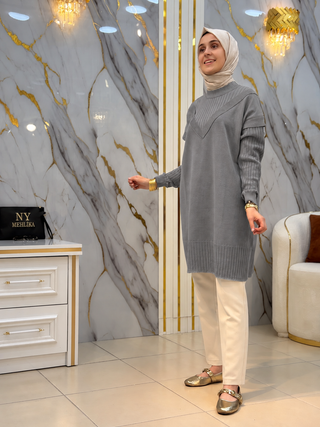 NY MEHLİKA V DETAY TASARIM DESEN SOĞUK İP  TUNİK 3371