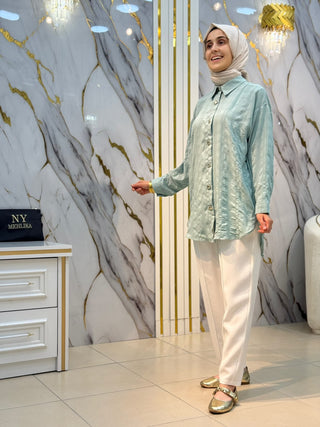 GÜNER MODA KENDİNDEN KARE DESENLİ GOLD DÜĞMELİ GÖMLEK 1564