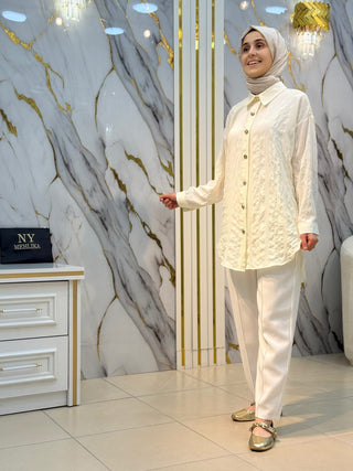 GÜNER MODA KENDİNDEN KARE DESENLİ GOLD DÜĞMELİ GÖMLEK 1564