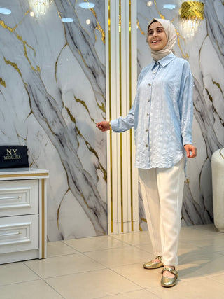 GÜNER MODA KENDİNDEN KARE DESENLİ GOLD DÜĞMELİ GÖMLEK 1564