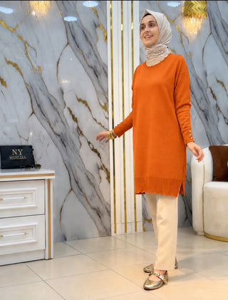 NY MEHLİKA YAKA VE KOLLARI FIRFIR DETAYLI SOĞUK İP TUNİK 3319